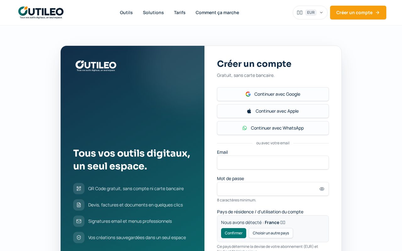 Capture de l'écran OUTILEO : Créer votre compte