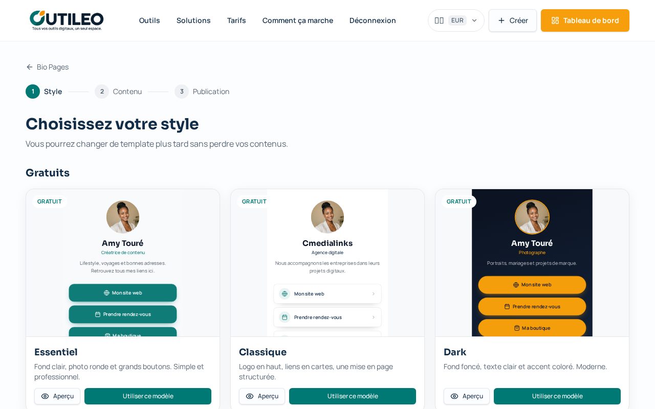 Capture de l'écran OUTILEO : Publier une Bio Page