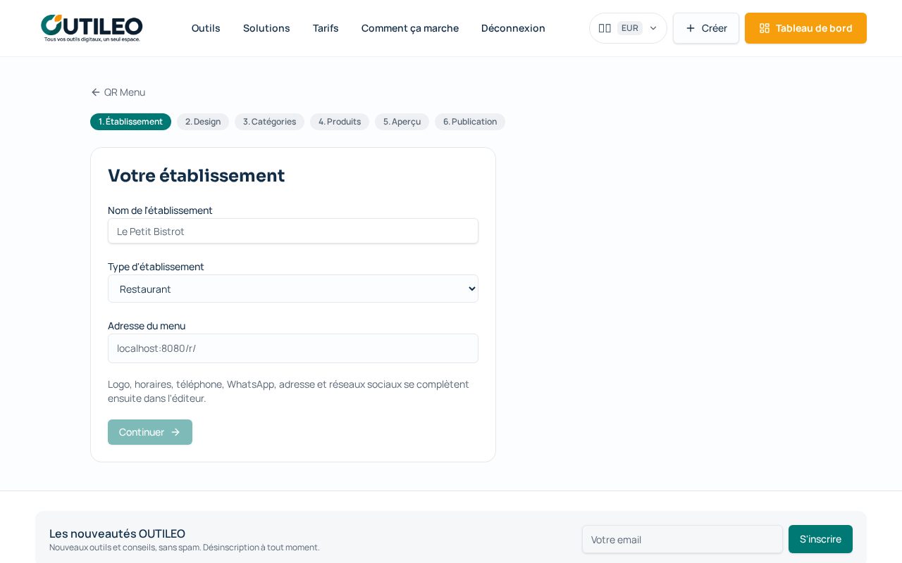 Capture de l'écran OUTILEO : Mettre votre menu en ligne